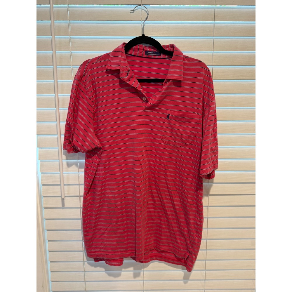 Johnnie-O Mens Large Pink Striped Short Sleeve Polo Shirt Taft Embroidery Pocket